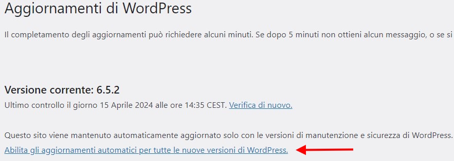 Aggiornamento automatico del core di WordPress