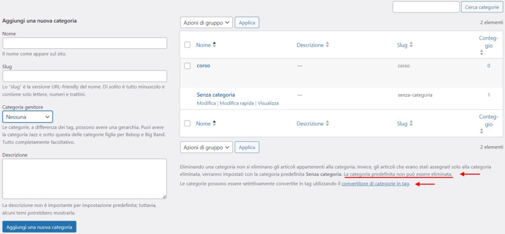 Aggiungi modifica categoria di WordPress