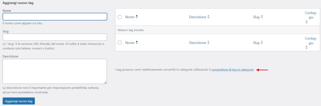 Aggiungi modifica tag di WordPress