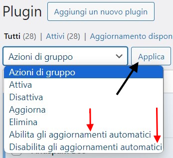 Impostazione aggiornamenti automatici dei plugin