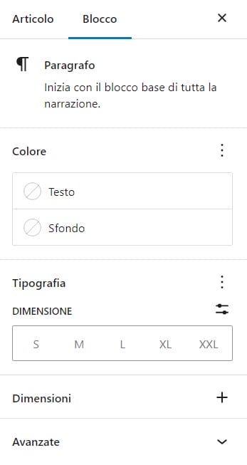Introduzione a Gutenberg impostazione caratteristiche blocco paragrafo