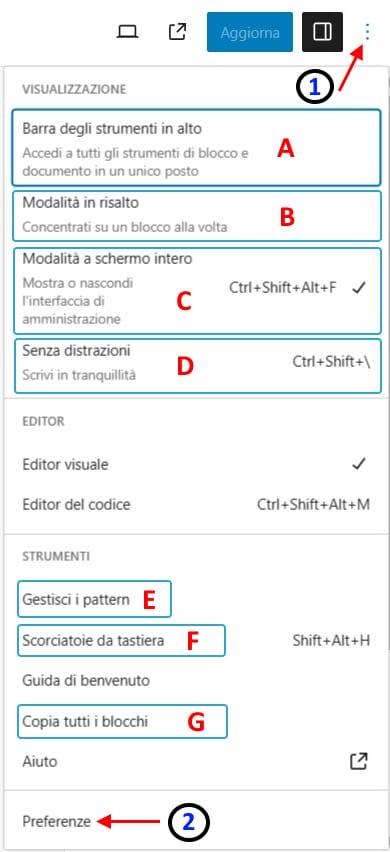Funzionalità avanzate di Gutenberg opzioni dell'editore