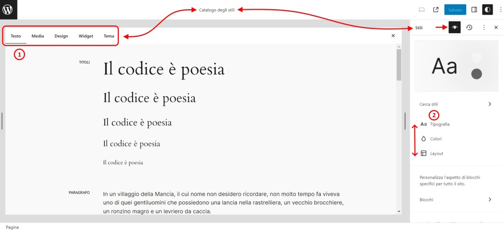 Editing nella dashboard dello stile attivo di WordPress con fse